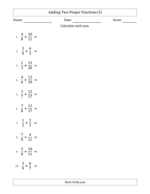 The Adding Two Proper Fractions with Unlike Denominators, Mixed Fractions Results and Some Simplifying (I) Math Worksheet