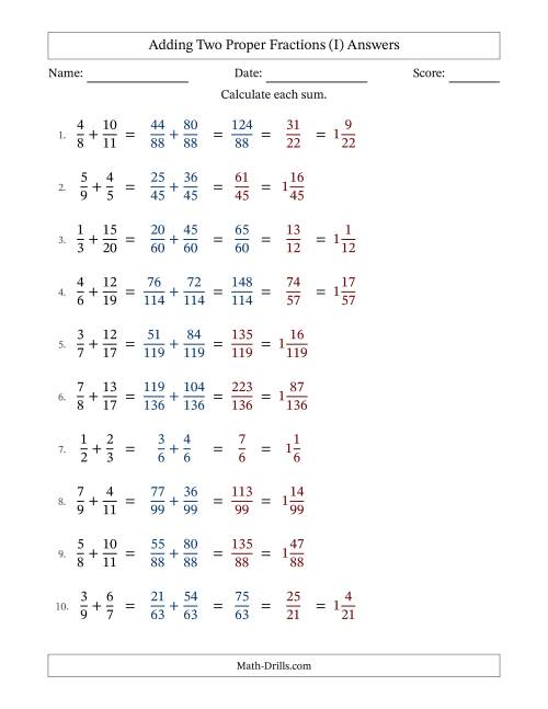 The Adding Two Proper Fractions with Unlike Denominators, Mixed Fractions Results and Some Simplifying (I) Math Worksheet Page 2