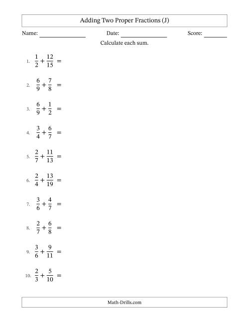 The Adding Two Proper Fractions with Unlike Denominators, Mixed Fractions Results and Some Simplifying (J) Math Worksheet