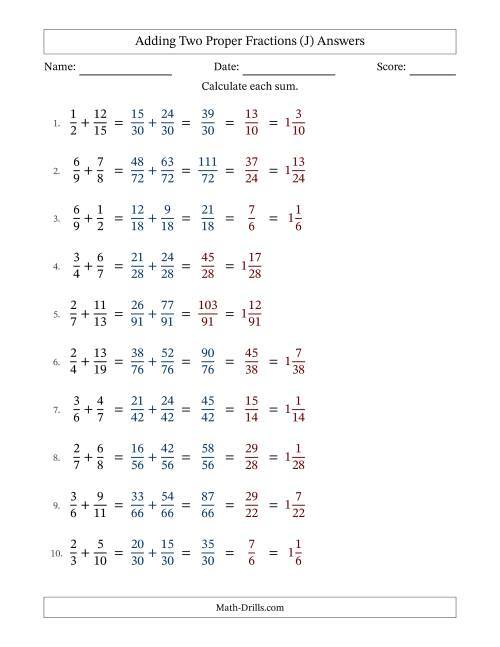 The Adding Two Proper Fractions with Unlike Denominators, Mixed Fractions Results and Some Simplifying (J) Math Worksheet Page 2