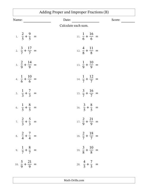 The Adding Proper and Improper Fractions with Equal Denominators, Mixed Fractions Results and No Simplifying (B) Math Worksheet