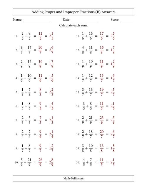 The Adding Proper and Improper Fractions with Equal Denominators, Mixed Fractions Results and No Simplifying (B) Math Worksheet Page 2