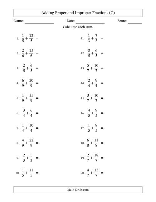 The Adding Proper and Improper Fractions with Equal Denominators, Mixed Fractions Results and No Simplifying (C) Math Worksheet