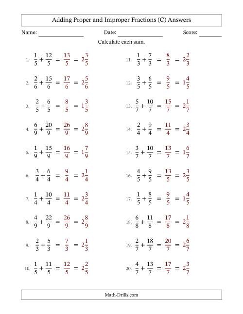 The Adding Proper and Improper Fractions with Equal Denominators, Mixed Fractions Results and No Simplifying (C) Math Worksheet Page 2