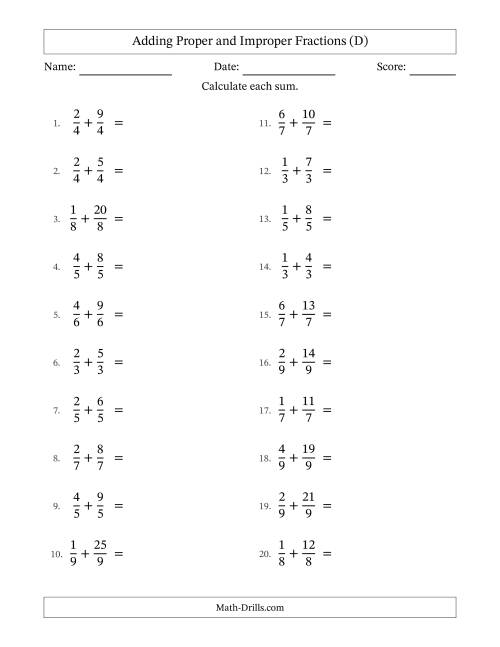 The Adding Proper and Improper Fractions with Equal Denominators, Mixed Fractions Results and No Simplifying (D) Math Worksheet
