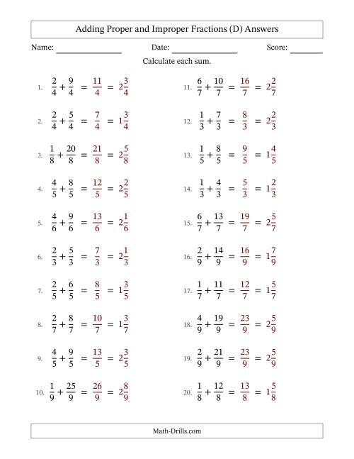 The Adding Proper and Improper Fractions with Equal Denominators, Mixed Fractions Results and No Simplifying (D) Math Worksheet Page 2
