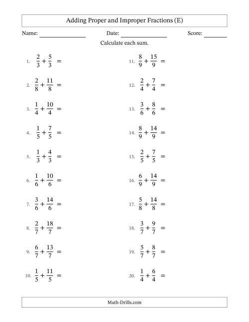 The Adding Proper and Improper Fractions with Equal Denominators, Mixed Fractions Results and No Simplifying (E) Math Worksheet