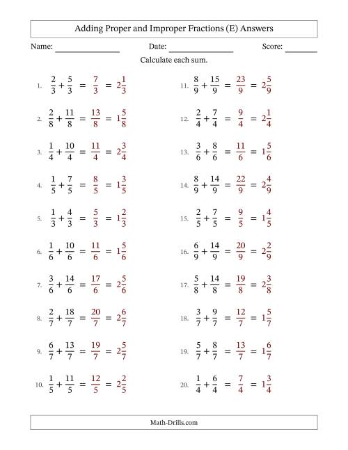 The Adding Proper and Improper Fractions with Equal Denominators, Mixed Fractions Results and No Simplifying (E) Math Worksheet Page 2
