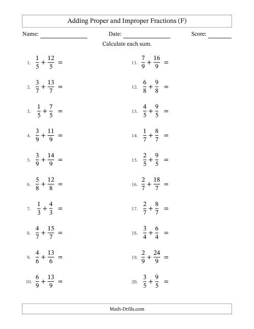 The Adding Proper and Improper Fractions with Equal Denominators, Mixed Fractions Results and No Simplifying (F) Math Worksheet