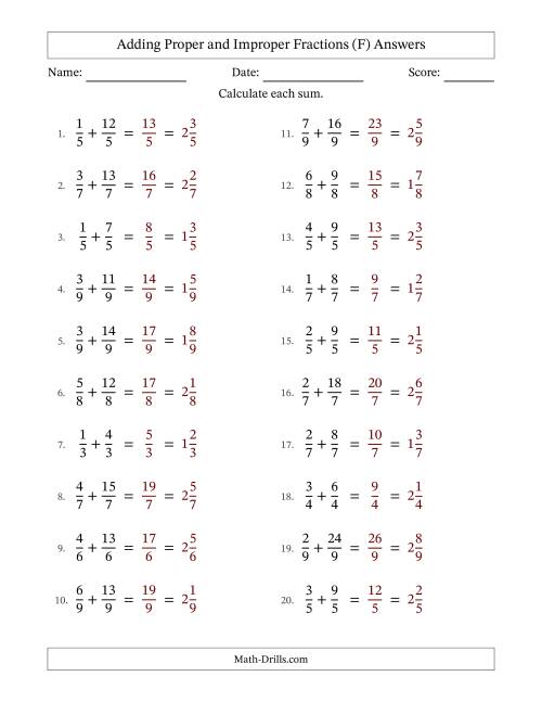 The Adding Proper and Improper Fractions with Equal Denominators, Mixed Fractions Results and No Simplifying (F) Math Worksheet Page 2