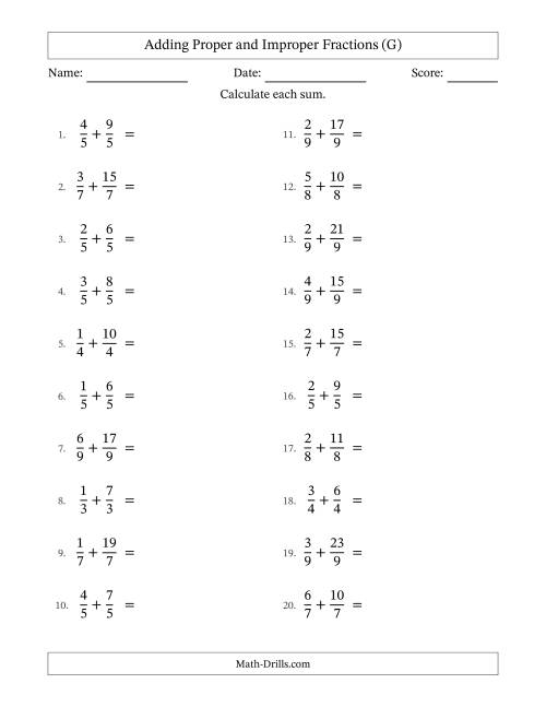 The Adding Proper and Improper Fractions with Equal Denominators, Mixed Fractions Results and No Simplifying (G) Math Worksheet