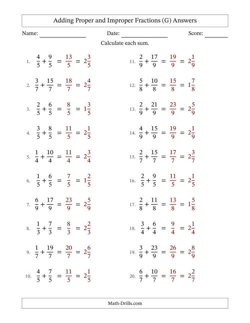 The Adding Proper and Improper Fractions with Equal Denominators, Mixed Fractions Results and No Simplifying (G) Math Worksheet Page 2