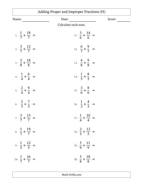 The Adding Proper and Improper Fractions with Equal Denominators, Mixed Fractions Results and No Simplifying (H) Math Worksheet
