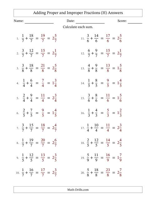 The Adding Proper and Improper Fractions with Equal Denominators, Mixed Fractions Results and No Simplifying (H) Math Worksheet Page 2