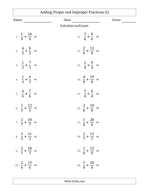 The Adding Proper and Improper Fractions with Equal Denominators, Mixed Fractions Results and No Simplifying (I) Math Worksheet