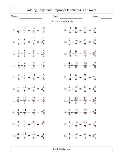 The Adding Proper and Improper Fractions with Equal Denominators, Mixed Fractions Results and No Simplifying (I) Math Worksheet Page 2