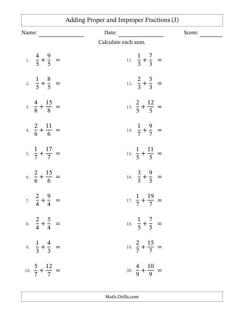 The Adding Proper and Improper Fractions with Equal Denominators, Mixed Fractions Results and No Simplifying (J) Math Worksheet