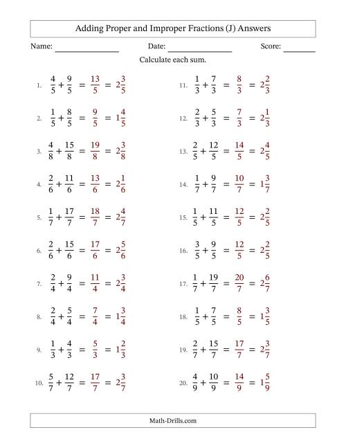 The Adding Proper and Improper Fractions with Equal Denominators, Mixed Fractions Results and No Simplifying (J) Math Worksheet Page 2