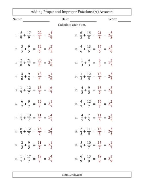 The Adding Proper and Improper Fractions with Equal Denominators, Mixed Fractions Results and No Simplifying (All) Math Worksheet Page 2