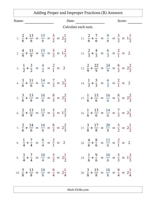 The Adding Proper and Improper Fractions with Equal Denominators, Mixed Fractions Results and All Simplifying (B) Math Worksheet Page 2