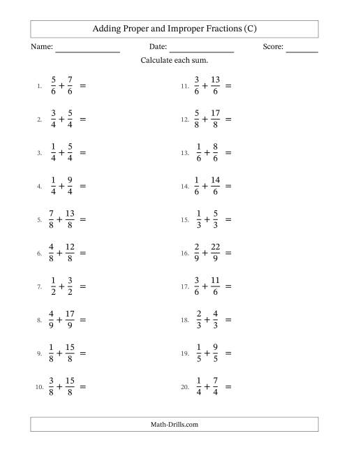 The Adding Proper and Improper Fractions with Equal Denominators, Mixed Fractions Results and All Simplifying (C) Math Worksheet