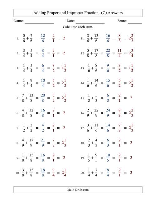 The Adding Proper and Improper Fractions with Equal Denominators, Mixed Fractions Results and All Simplifying (C) Math Worksheet Page 2