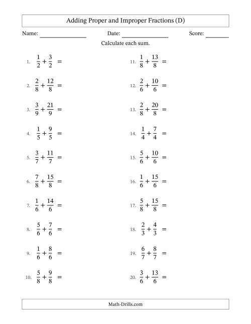The Adding Proper and Improper Fractions with Equal Denominators, Mixed Fractions Results and All Simplifying (D) Math Worksheet