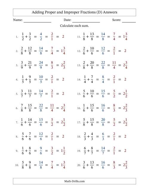 The Adding Proper and Improper Fractions with Equal Denominators, Mixed Fractions Results and All Simplifying (D) Math Worksheet Page 2