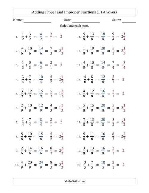 The Adding Proper and Improper Fractions with Equal Denominators, Mixed Fractions Results and All Simplifying (E) Math Worksheet Page 2