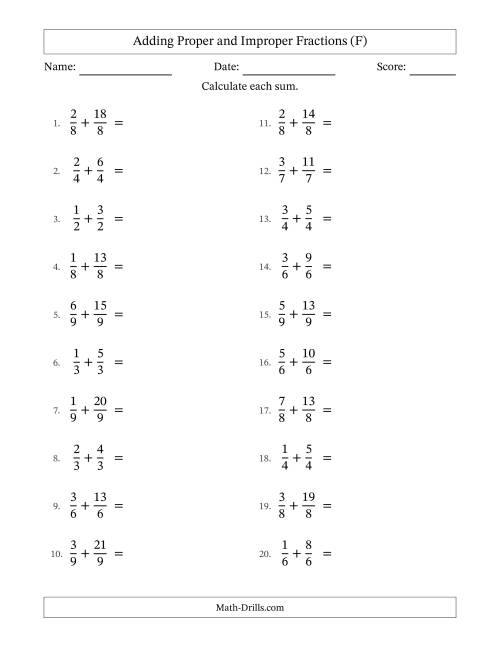 The Adding Proper and Improper Fractions with Equal Denominators, Mixed Fractions Results and All Simplifying (F) Math Worksheet