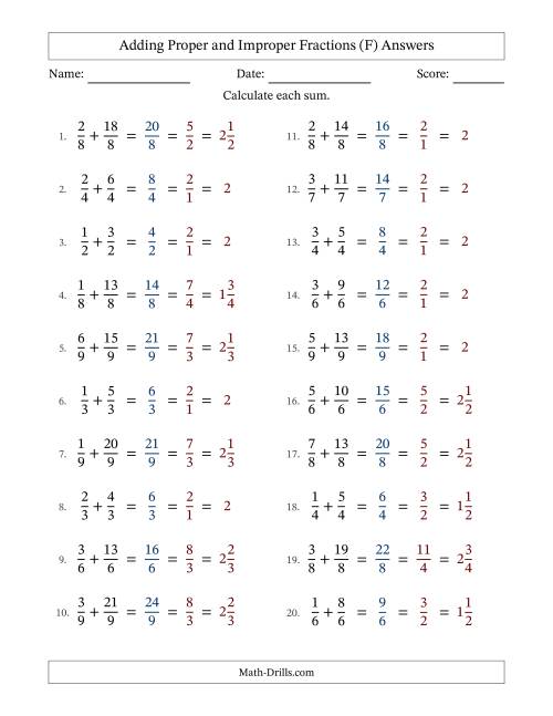 The Adding Proper and Improper Fractions with Equal Denominators, Mixed Fractions Results and All Simplifying (F) Math Worksheet Page 2