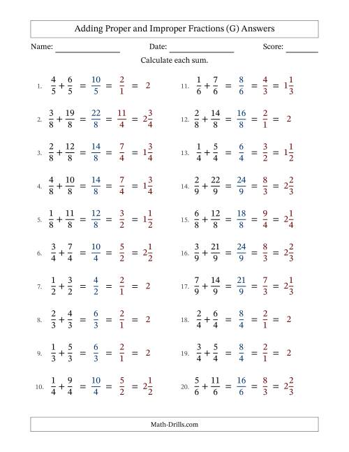 The Adding Proper and Improper Fractions with Equal Denominators, Mixed Fractions Results and All Simplifying (G) Math Worksheet Page 2