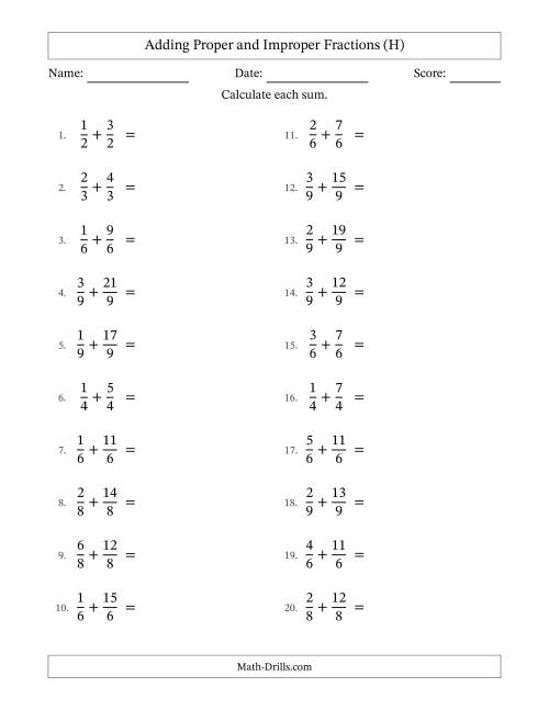 The Adding Proper and Improper Fractions with Equal Denominators, Mixed Fractions Results and All Simplifying (H) Math Worksheet