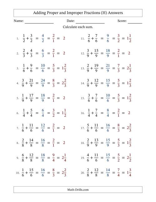 The Adding Proper and Improper Fractions with Equal Denominators, Mixed Fractions Results and All Simplifying (H) Math Worksheet Page 2
