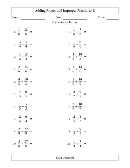 The Adding Proper and Improper Fractions with Equal Denominators, Mixed Fractions Results and All Simplifying (I) Math Worksheet