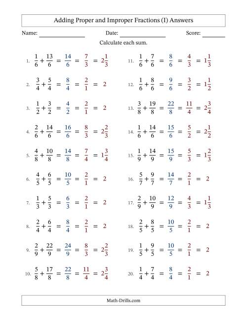 The Adding Proper and Improper Fractions with Equal Denominators, Mixed Fractions Results and All Simplifying (I) Math Worksheet Page 2