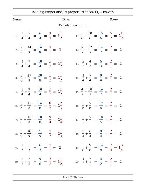 The Adding Proper and Improper Fractions with Equal Denominators, Mixed Fractions Results and All Simplifying (J) Math Worksheet Page 2