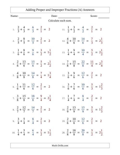 The Adding Proper and Improper Fractions with Equal Denominators, Mixed Fractions Results and All Simplifying (All) Math Worksheet Page 2
