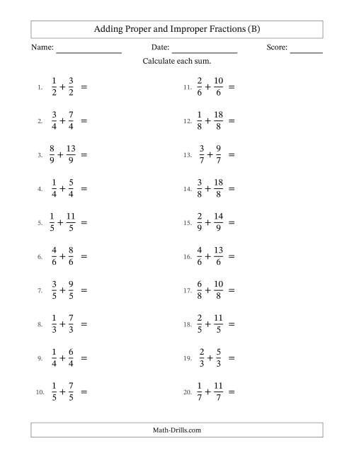 The Adding Proper and Improper Fractions with Equal Denominators, Mixed Fractions Results and Some Simplifying (B) Math Worksheet