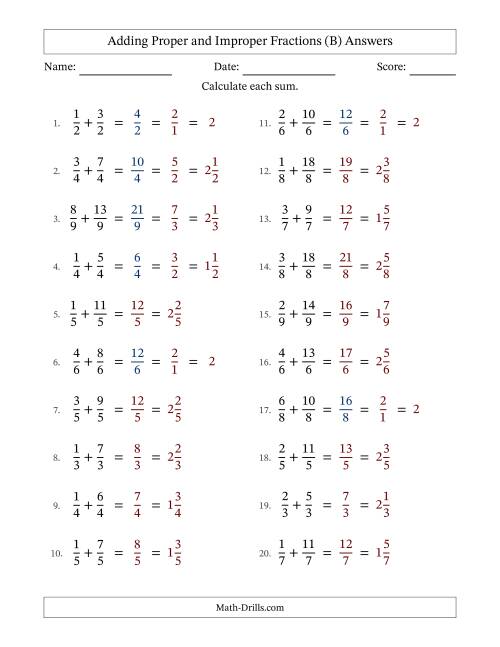 The Adding Proper and Improper Fractions with Equal Denominators, Mixed Fractions Results and Some Simplifying (B) Math Worksheet Page 2