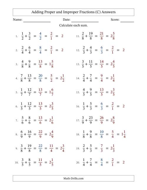 The Adding Proper and Improper Fractions with Equal Denominators, Mixed Fractions Results and Some Simplifying (C) Math Worksheet Page 2