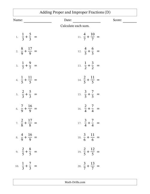 The Adding Proper and Improper Fractions with Equal Denominators, Mixed Fractions Results and Some Simplifying (D) Math Worksheet