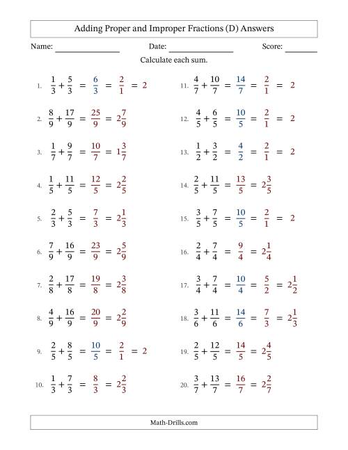 The Adding Proper and Improper Fractions with Equal Denominators, Mixed Fractions Results and Some Simplifying (D) Math Worksheet Page 2