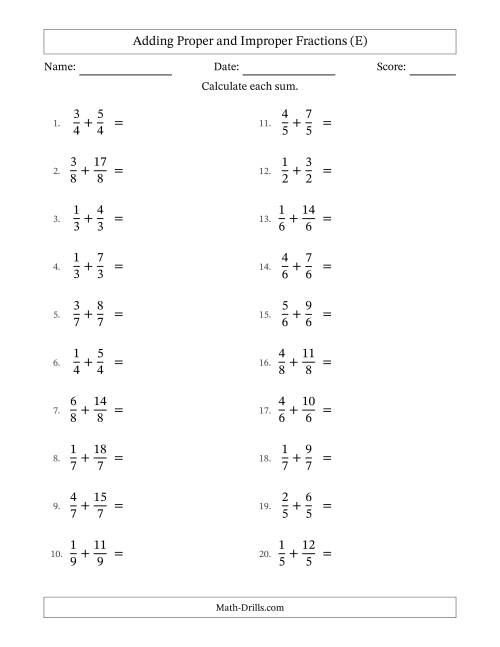 The Adding Proper and Improper Fractions with Equal Denominators, Mixed Fractions Results and Some Simplifying (E) Math Worksheet