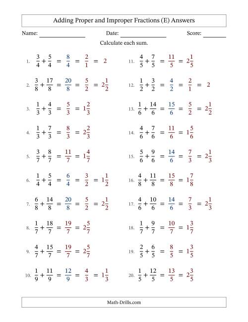 The Adding Proper and Improper Fractions with Equal Denominators, Mixed Fractions Results and Some Simplifying (E) Math Worksheet Page 2