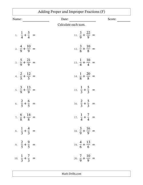 The Adding Proper and Improper Fractions with Equal Denominators, Mixed Fractions Results and Some Simplifying (F) Math Worksheet
