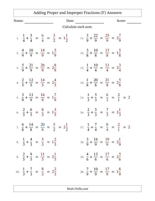 The Adding Proper and Improper Fractions with Equal Denominators, Mixed Fractions Results and Some Simplifying (F) Math Worksheet Page 2