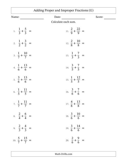 The Adding Proper and Improper Fractions with Equal Denominators, Mixed Fractions Results and Some Simplifying (G) Math Worksheet