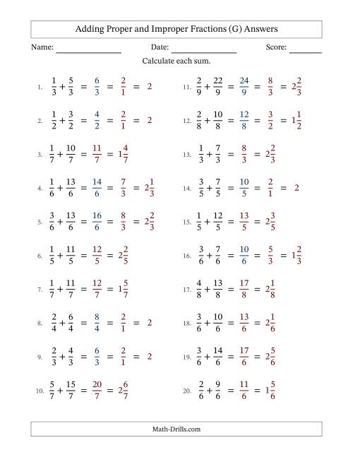 The Adding Proper and Improper Fractions with Equal Denominators, Mixed Fractions Results and Some Simplifying (G) Math Worksheet Page 2
