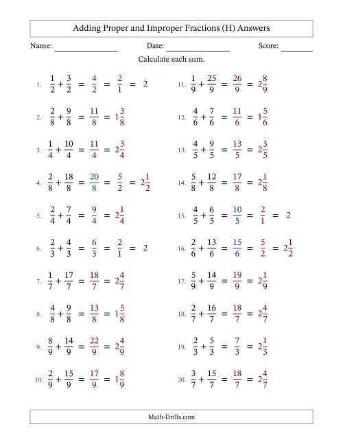 The Adding Proper and Improper Fractions with Equal Denominators, Mixed Fractions Results and Some Simplifying (H) Math Worksheet Page 2